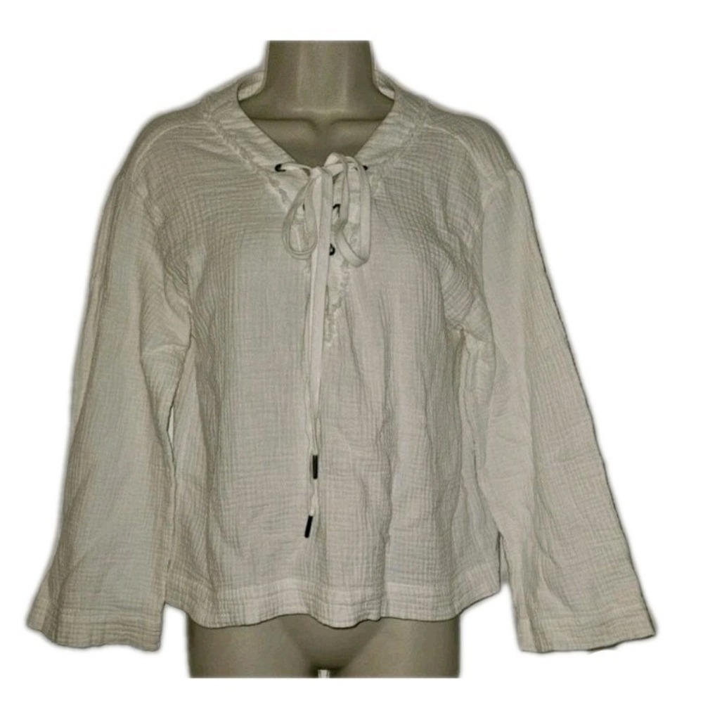Cloth & Stone Anthropologie Boho Lace Up top‎ White Crinkle Bell Sleeve Size S